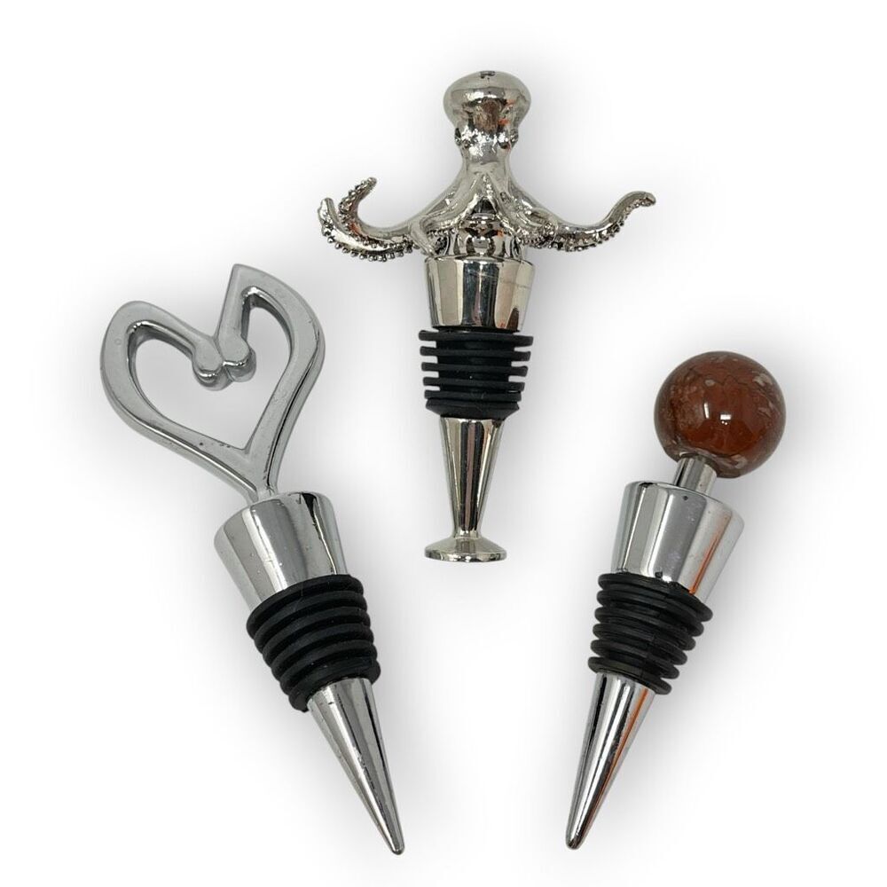 Metal & Stone Wine Bottle Stopper Lot of 3 Metal Octopus & Heart Stone Ball